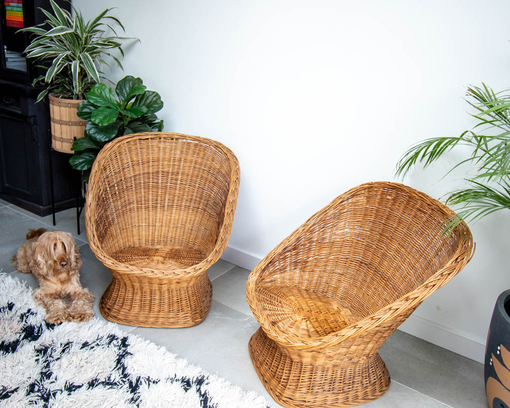 Mid Century Habitat Wicker Barrel Armchairs (Pair)