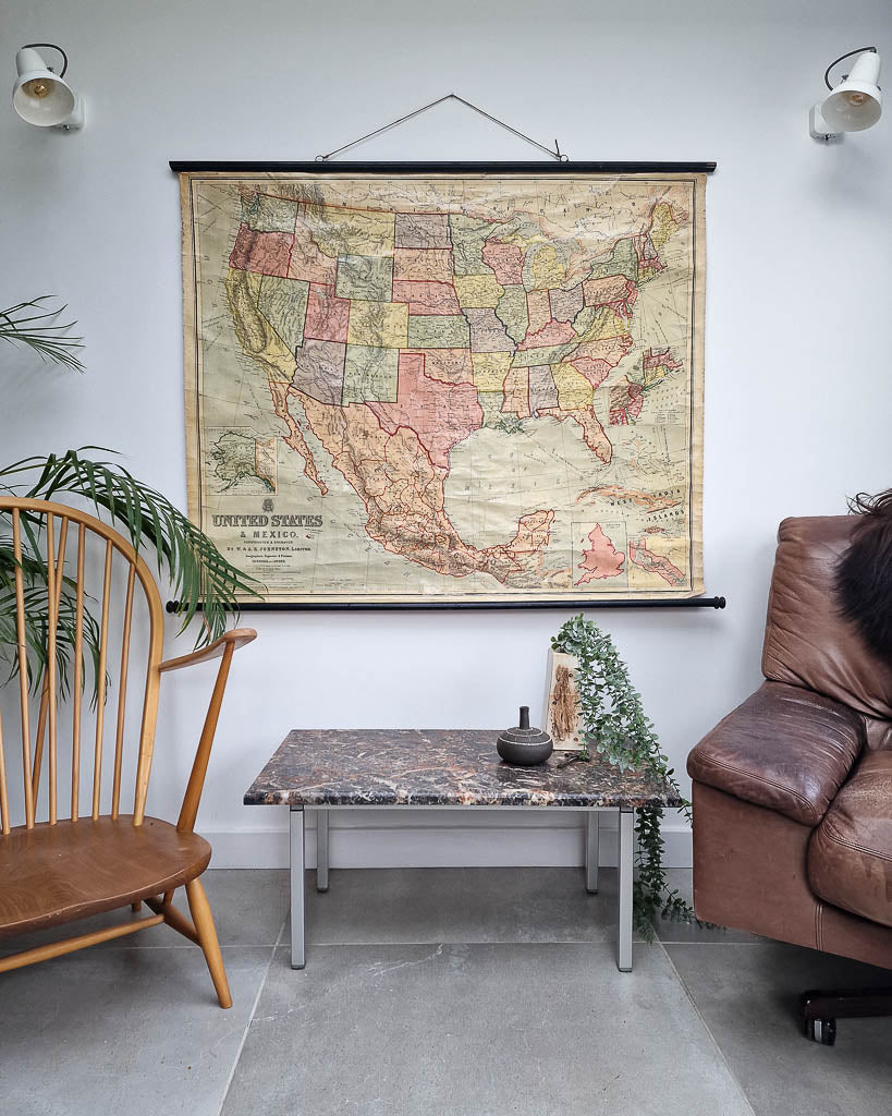 Large Vintage United States & Mexico Map Hanging Wall Chart