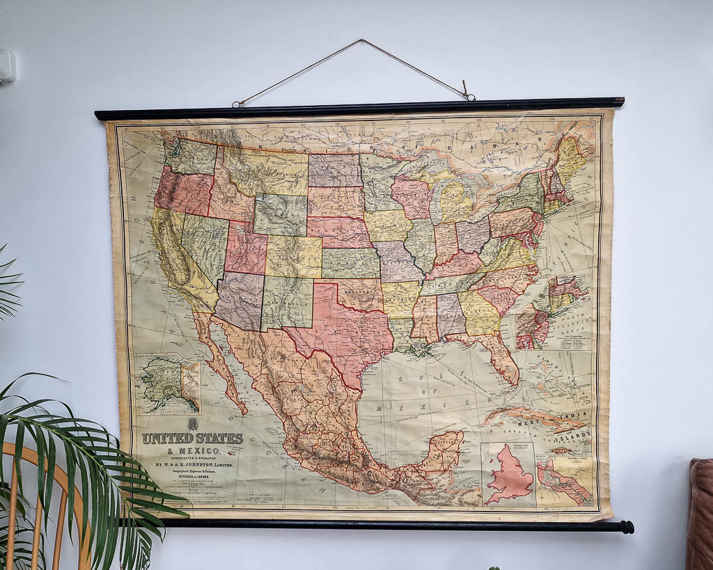 Large Vintage United States & Mexico Map Hanging Wall Chart