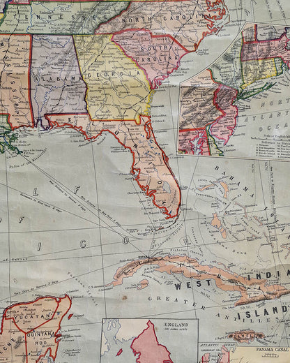 Large Vintage United States & Mexico Map Hanging Wall Chart