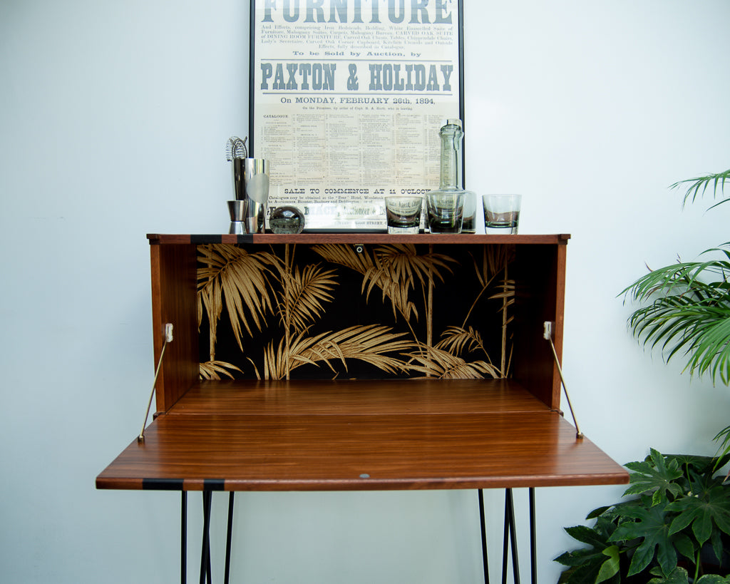 Mid Century Teak Cocktail / Desk Cabinet (Stripes)