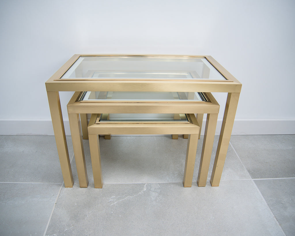 Hollywood Regency Vintage 1970s Brass and Glass Nesting Tables