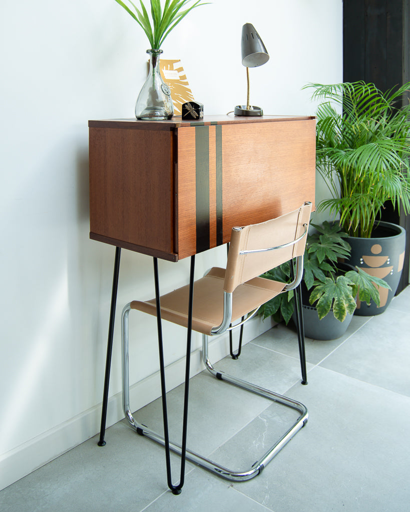 Mid Century Teak Cocktail / Desk Cabinet (Stripes)