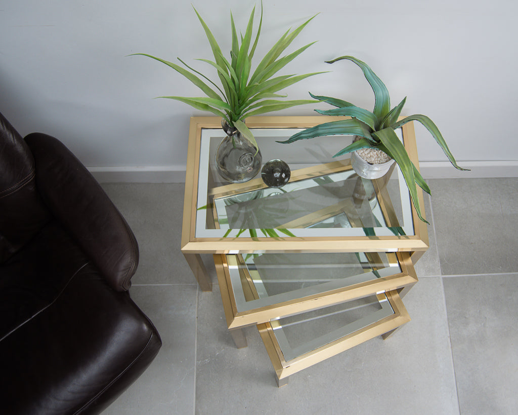Hollywood Regency Vintage 1970s Brass and Glass Nesting Tables