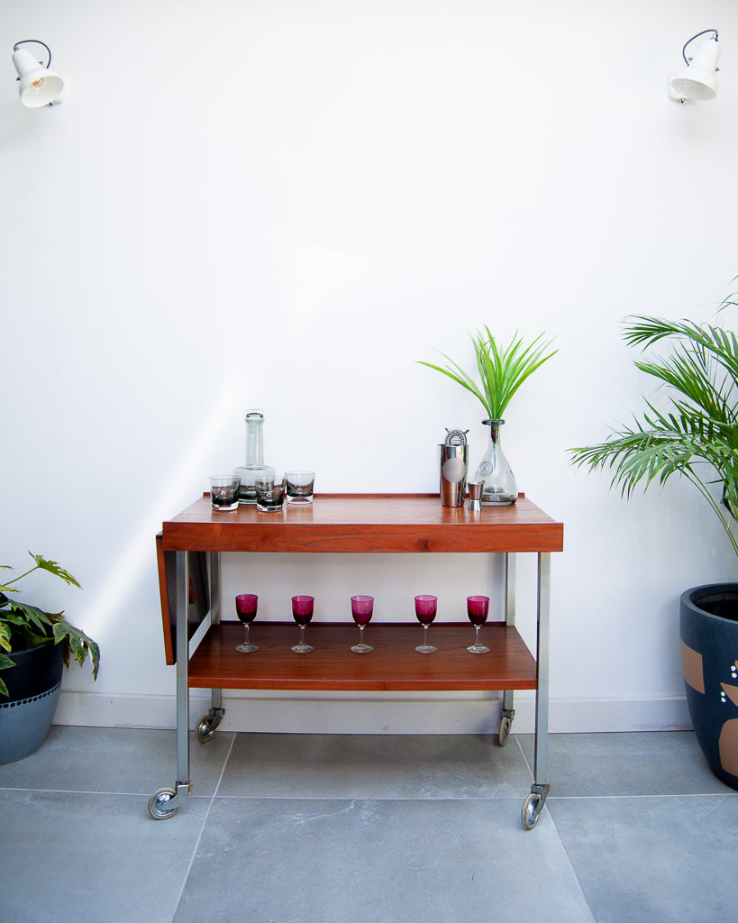 Afromosia Teak & Chrome Cocktail Trolley / Bar