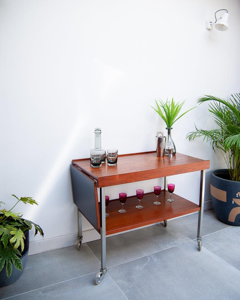 Afromosia Teak & Chrome Cocktail Trolley / Bar