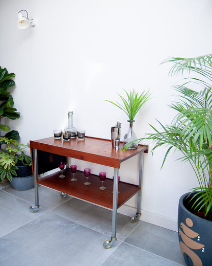 Afromosia Teak & Chrome Cocktail Trolley / Bar