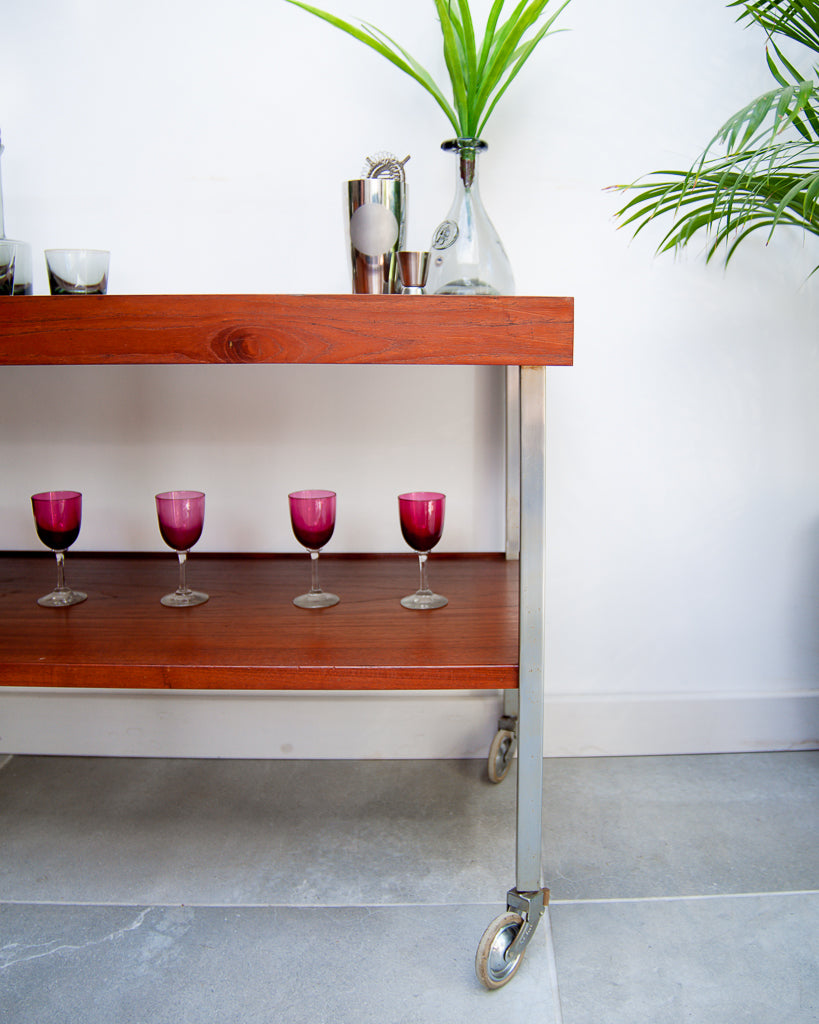 Afromosia Teak & Chrome Cocktail Trolley / Bar