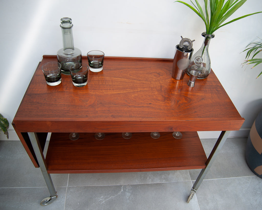 Afromosia Teak & Chrome Cocktail Trolley / Bar