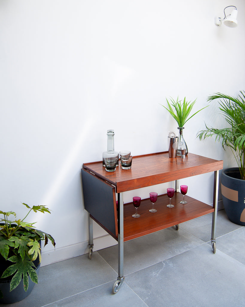 Afromosia Teak & Chrome Cocktail Trolley / Bar
