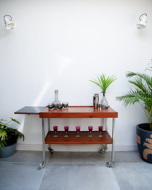 Afromosia Teak & Chrome Cocktail Trolley / Bar