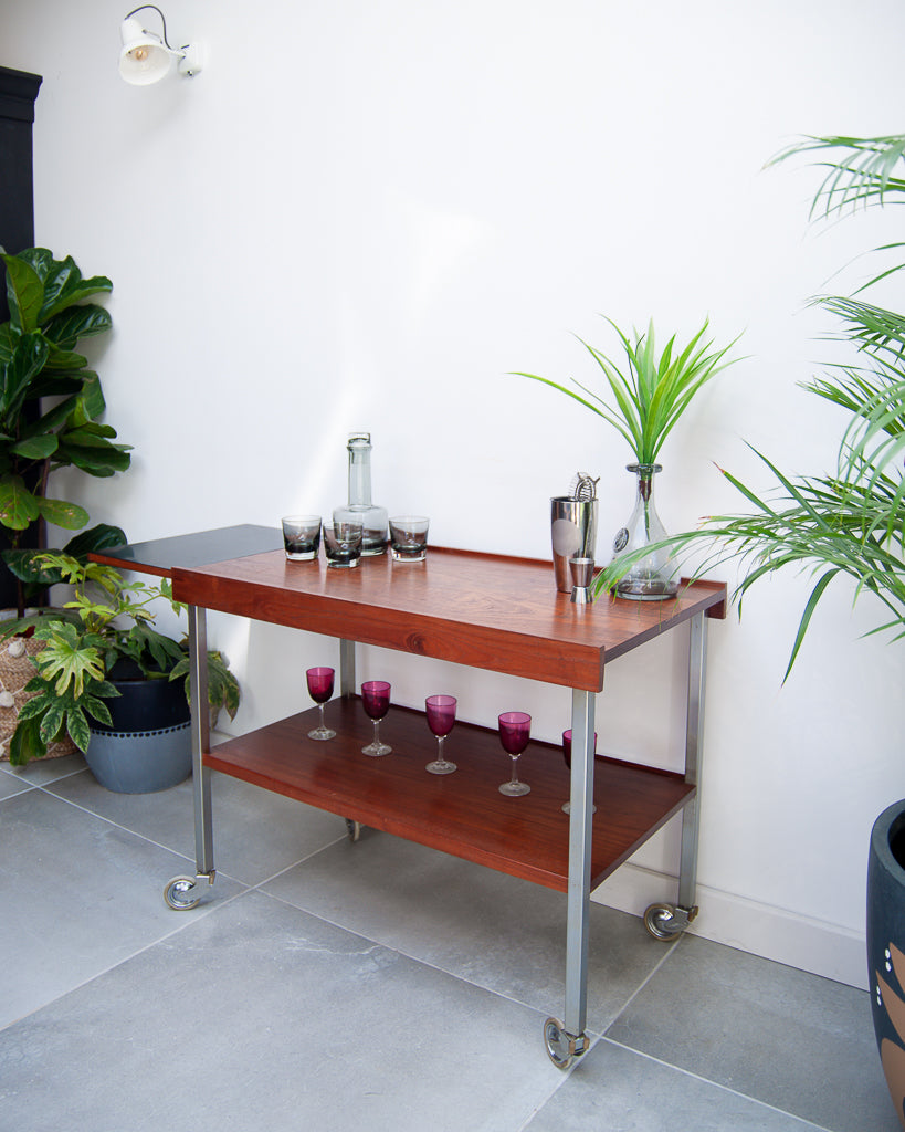 Afromosia Teak & Chrome Cocktail Trolley / Bar