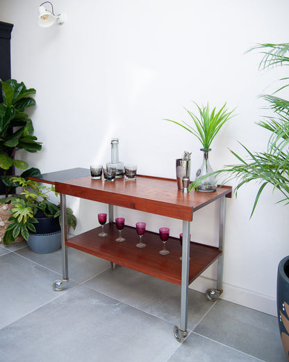 Afromosia Teak & Chrome Cocktail Trolley / Bar