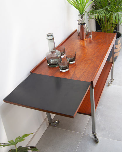 Afromosia Teak & Chrome Cocktail Trolley / Bar