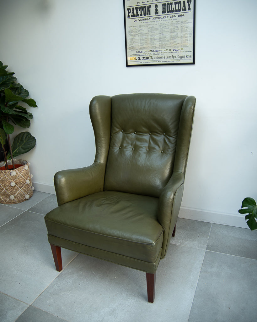 Mid Century Danish Leather Wingback Armchair