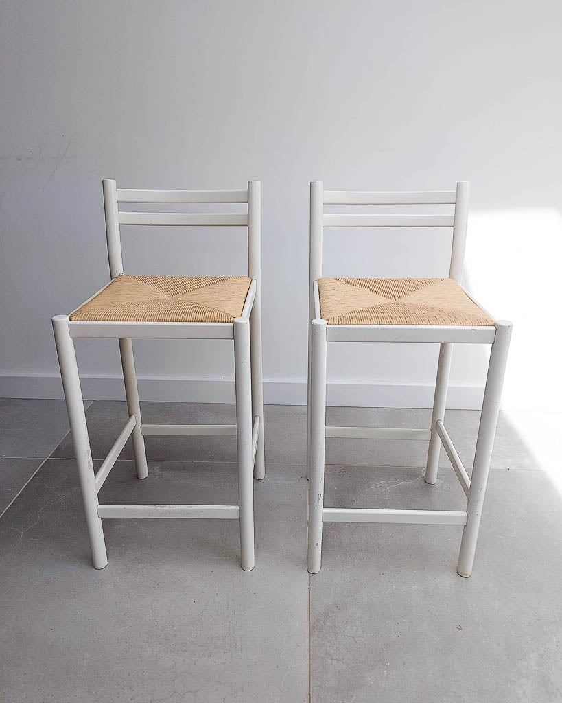 Mid Century White Kitchen / Low Bar Stools (Pair)