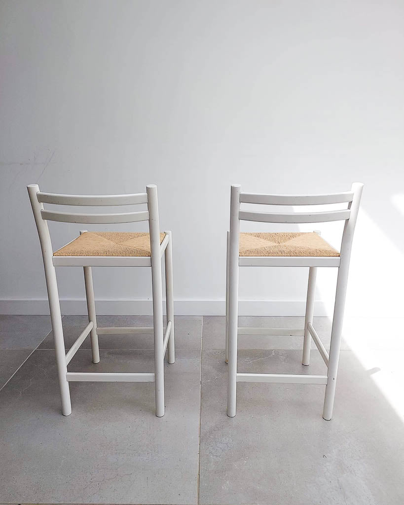 Mid Century White Kitchen / Low Bar Stools (Pair)