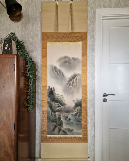 Vintage Japanese Hanging Scroll of Mountain Landscape (Colour)