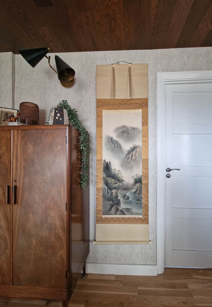 Vintage Japanese Hanging Scroll of Mountain Landscape (Colour)