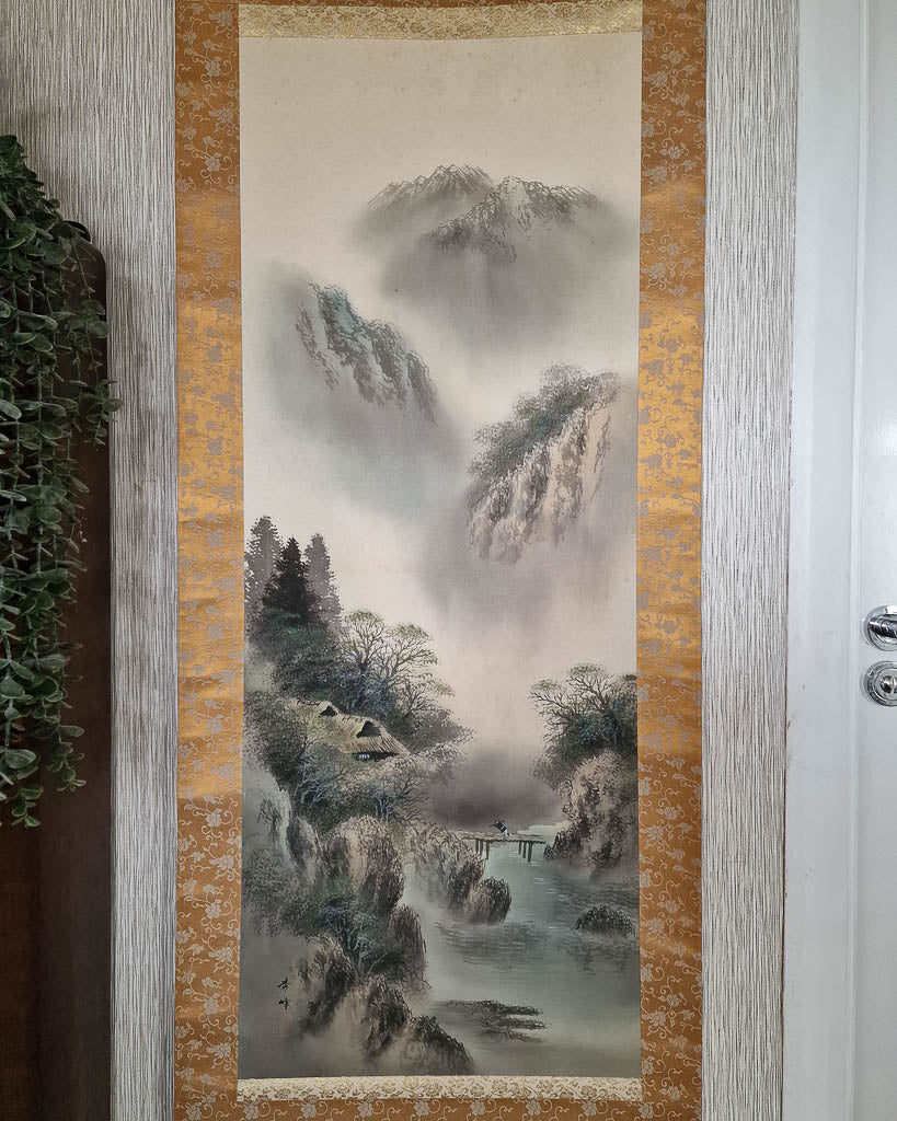 Vintage Japanese Hanging Scroll of Mountain Landscape (Colour)