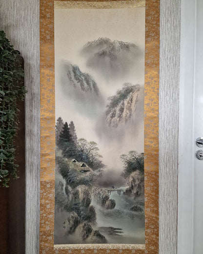 Vintage Japanese Hanging Scroll of Mountain Landscape (Colour)