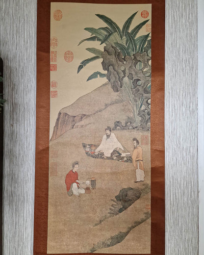Vintage Japanese Hanging Scroll of Warriors (Brown)