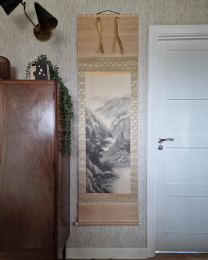 Vintage Japanese Hanging Scroll of Mountain Landscape (Grey)