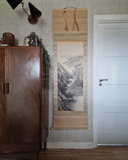 Vintage Japanese Hanging Scroll of Mountain Landscape (Grey)