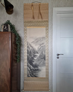 Vintage Japanese Hanging Scroll of Mountain Landscape (Grey)