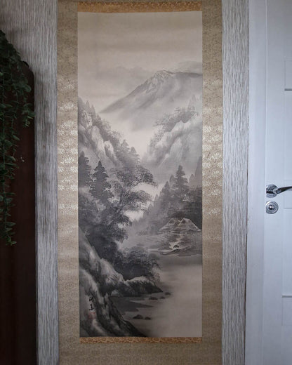 Vintage Japanese Hanging Scroll of Mountain Landscape (Grey)